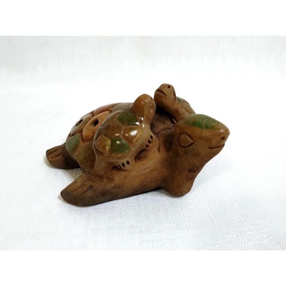 Folk Art Ceramic Handmade Painted Cute Turtle Family Mom Baby Ocarina Flute
